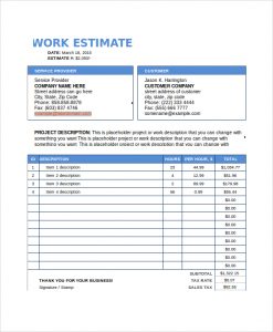 free estimate template free work estimate template