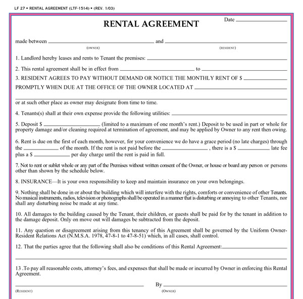 free printable basic rental agreement