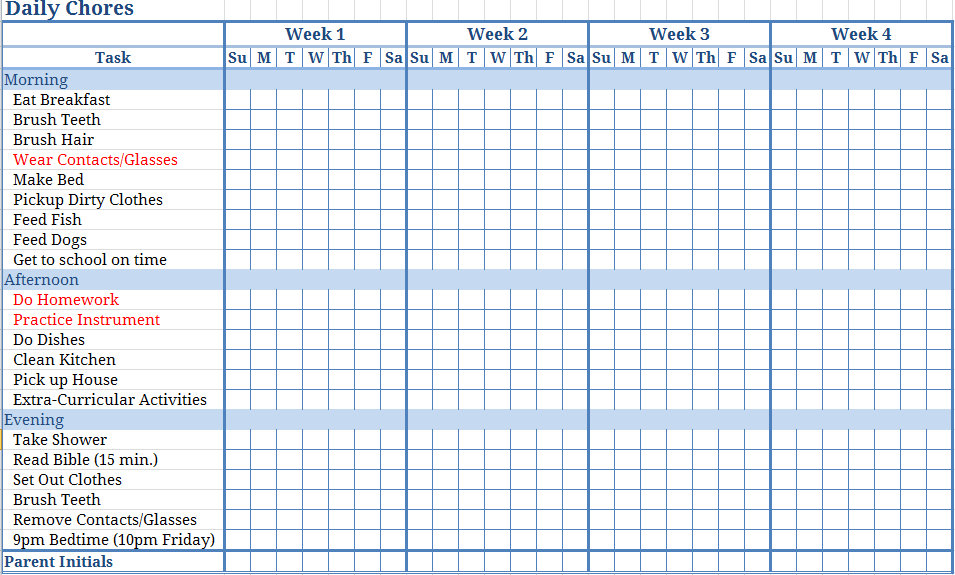 free printable chore chart templates