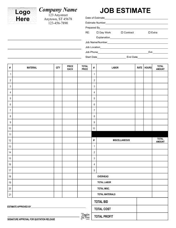 free printable estimate forms
