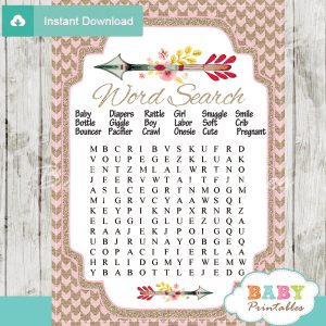 free printable gender reveal invitations burlap pink tribal arrow baby shower game word search