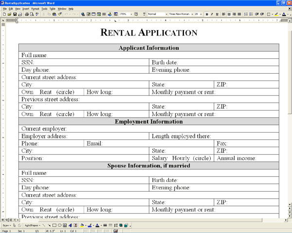free rental application form