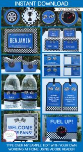 free water bottle labels blue race car printable party