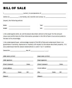 generic car bill of sale auto bill of sale