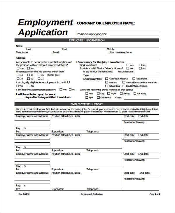 generic employment application