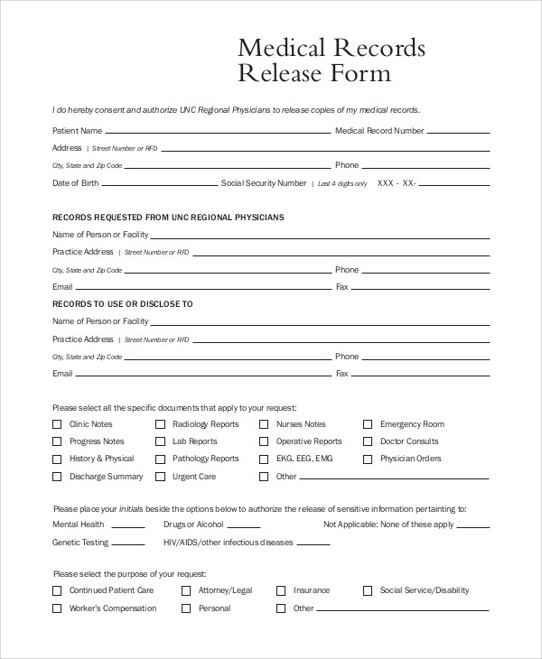 generic medical records release form