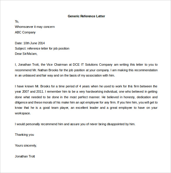 generic reference letter