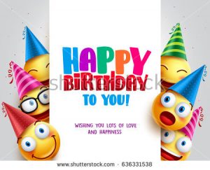 happy birthday banner template stock vector happy birthday vector design with smileys wearing birthday hat in white empty space for message and