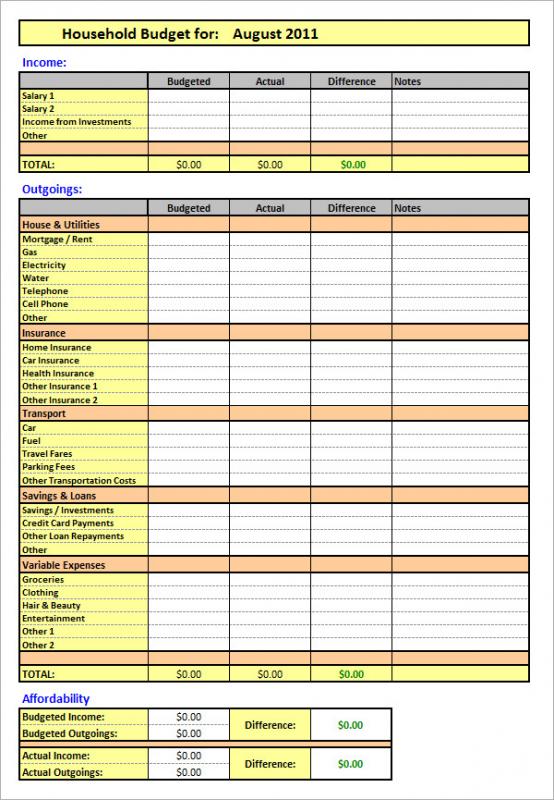 household budget templates