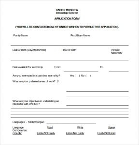 internship application template internship application form word document free download