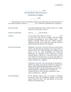 investment agreement template convertible note financing term sheet