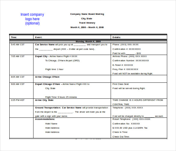 itinerary template word