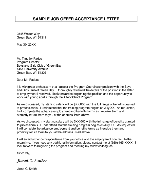 job acceptance letter