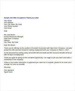 job offer thank you letter acceptance of job offer thank you letter template