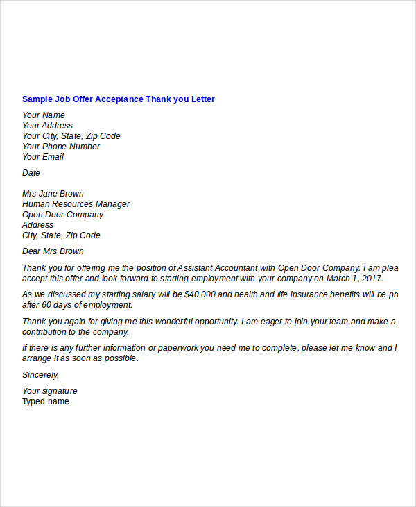job offer thank you letter
