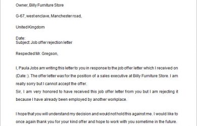 job rejection letter job offer rejection letter