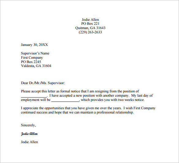 job resignation letter