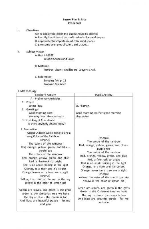 kindergarten lesson plan template