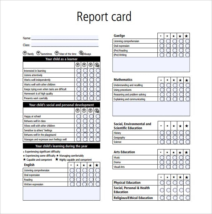 kindergarten report card template