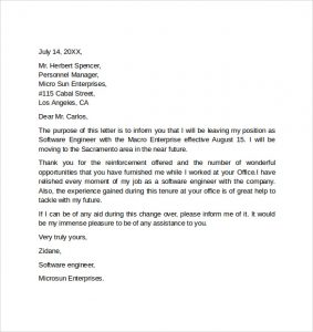 letter format formal resignation letter of software engineer