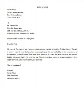letter of intent for job letter of intent for a job opening sample template download