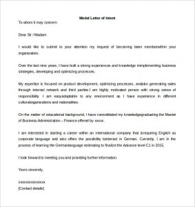 letter of intent format sample model letter of intent template word format