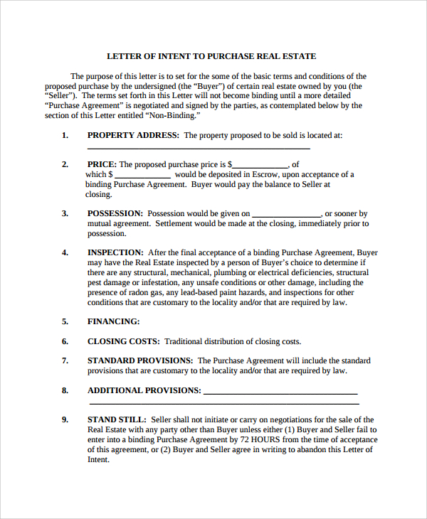letter of intent to purchase real estate
