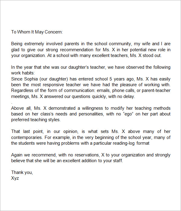 letter of recommendation for a teacher
