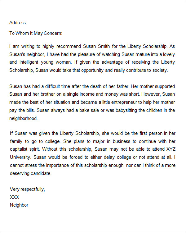 letter of recommendation for scholarship