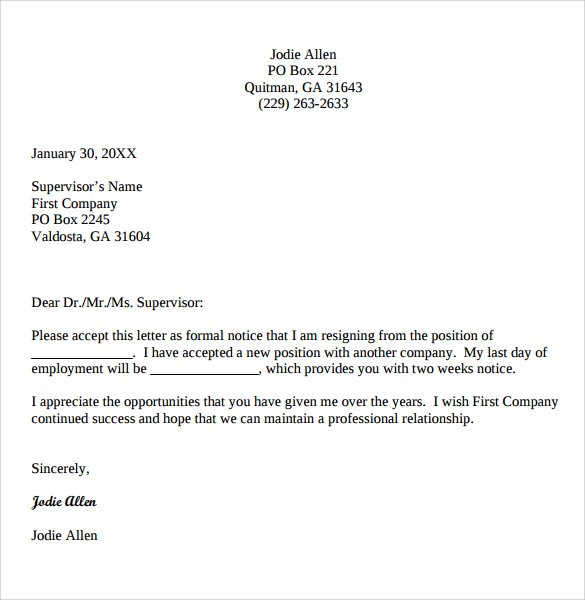 letter of resignation email
