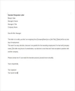 letter of resignation templates formal standard resignation letter