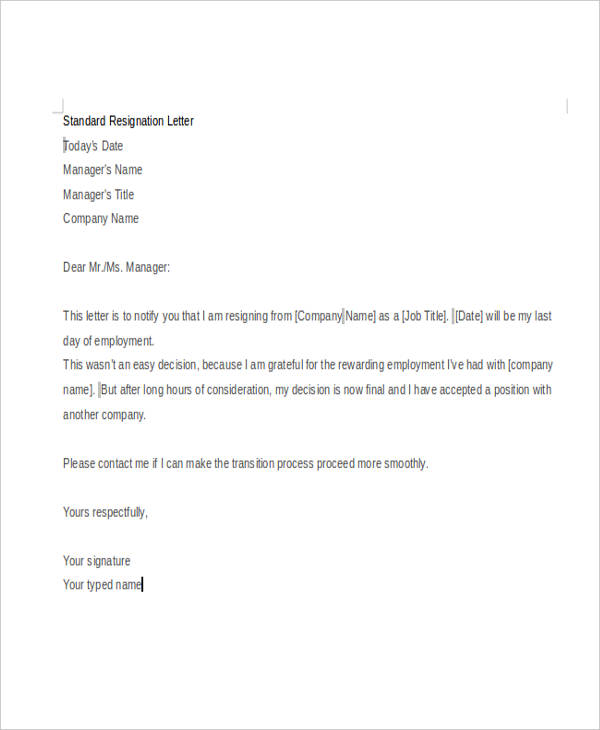 letter of resignation templates