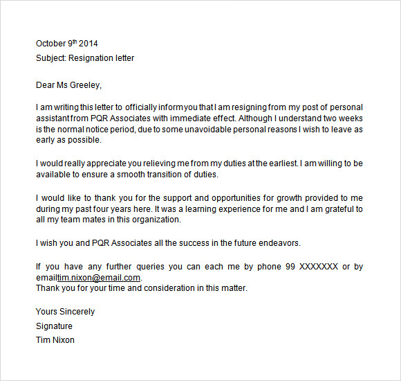letter of resignation templates