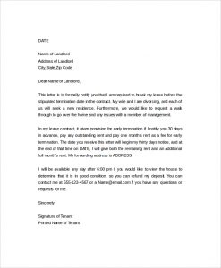 letter to break lease early lease termination letter