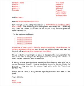 letter to landloard sample tenant complaint letter