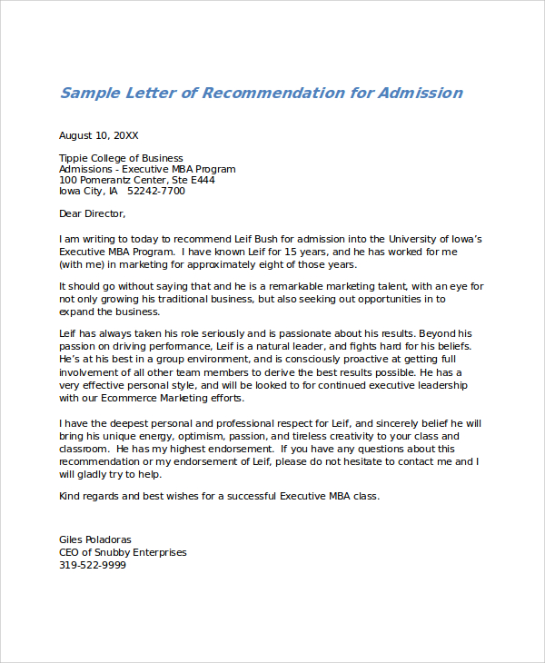 letters of recommendation examples