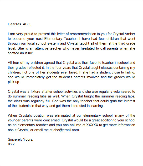 letters of recommendation for teachers