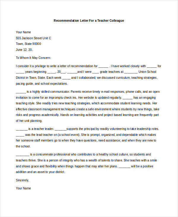 letters of recommendation for teachers