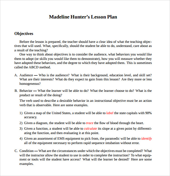 madeline hunter lesson plan template