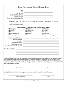 medical release forms template tattoo piercing release