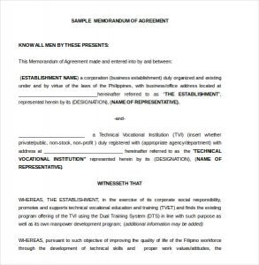 memorandum of understanding sample memorandum of agreement form
