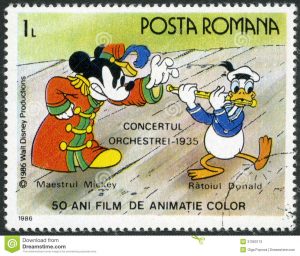 mickey mouse thank you cards romania shows mickey donald walt disney characters band concert fifty years color animated films circa stamp