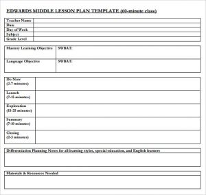 middle school lesson plan template middle school lesson plan sample
