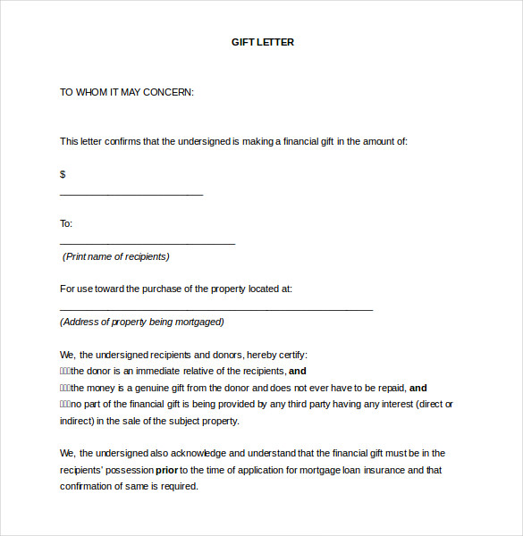 mortgage gift letter template