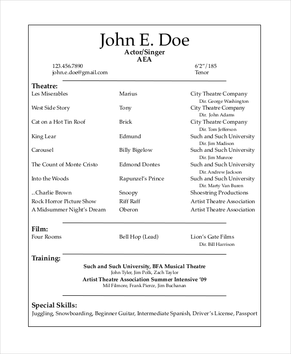 musical theatre resume template