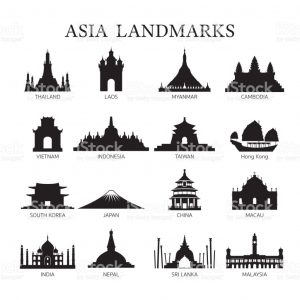 newspaper article format asia landmarks architecture building silhouette set vector id