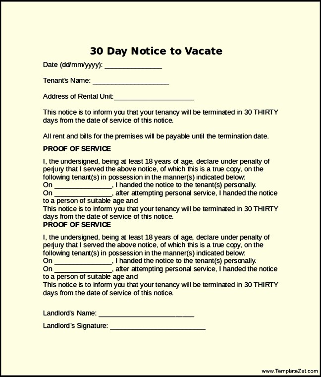 notice to vacate letter from landlord to tenant