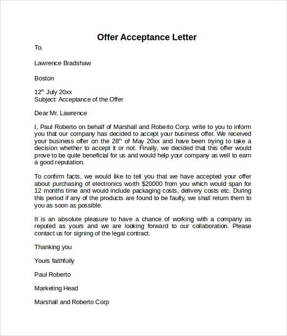 offer acceptance letter