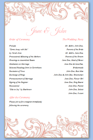 one page wedding program template