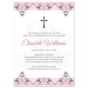 open house invitation templates rectangle front pale pink and brown ornate first holy communion invitation for girls with damask lace pattern and cross